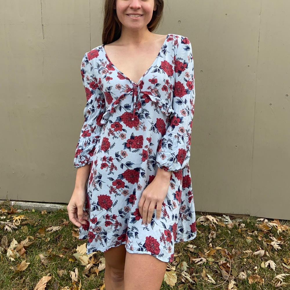 American Eagle Blue Floral Babydoll Peasant Dress
